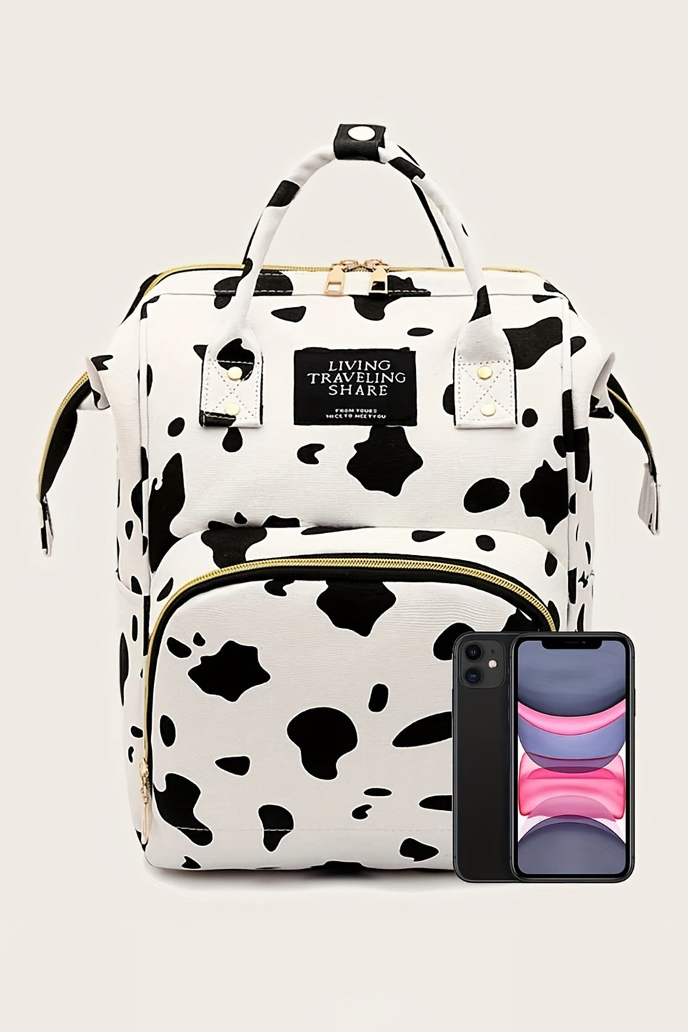 White Cow Spot Print Multi Pocket Canvas Backpack