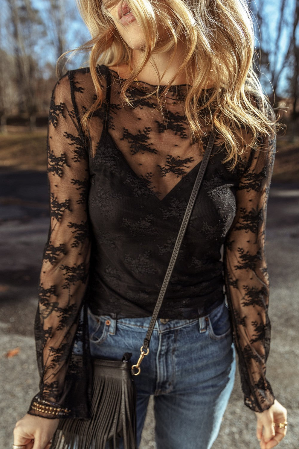 Lace Round Neck Long Sleeve Blouse