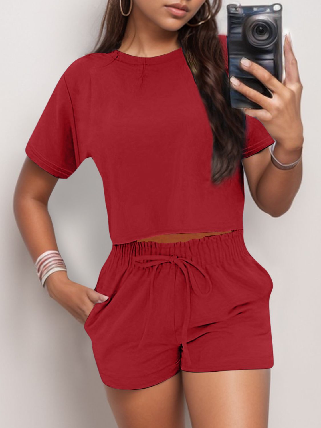 Full Size Round Neck Short Sleeve Top and Shorts Set - JassyBae