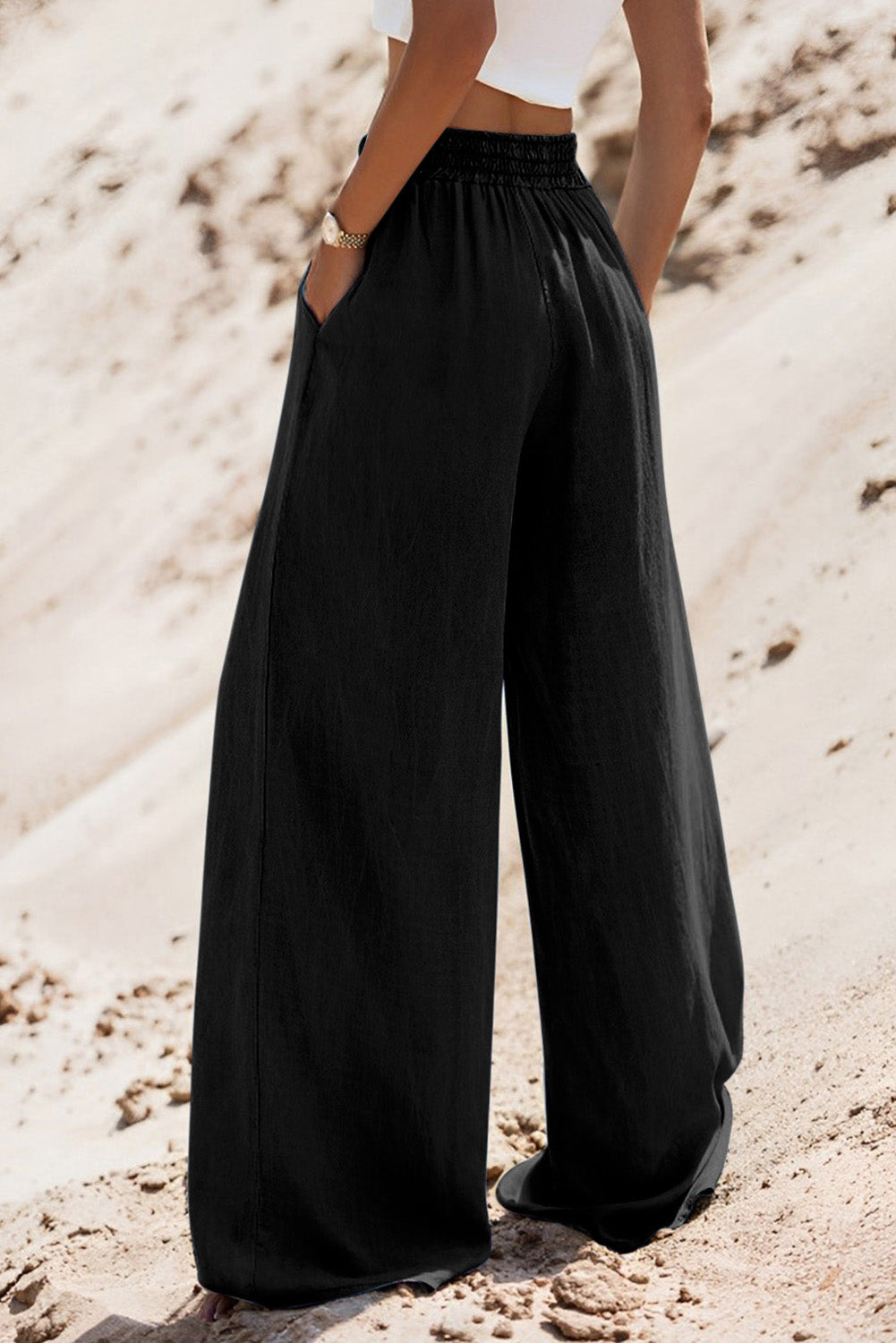 Black Drawstring Wide Leg Denim Pants