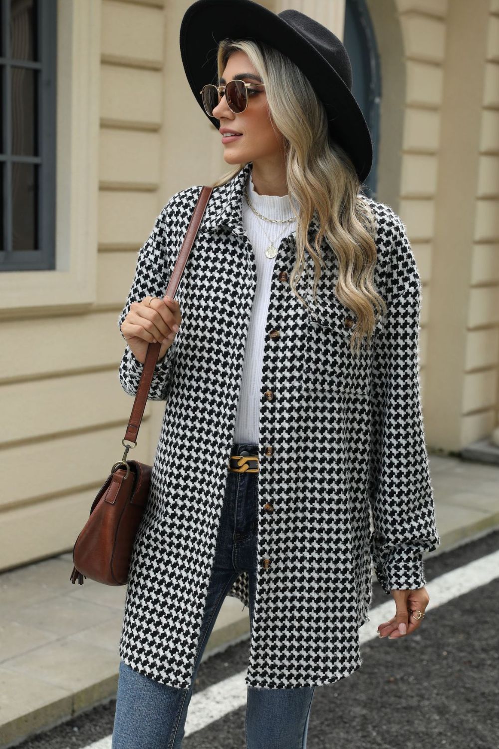 Houndstooth Button Up Dropped Shoulder Coat