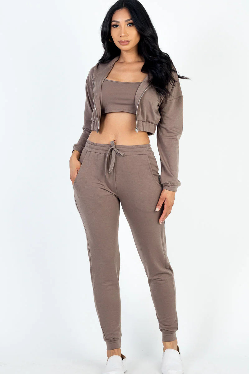 Cozy Chic French Terry Lounge Set: Zip-Up Jacket, Cropped Cami, and Joggers