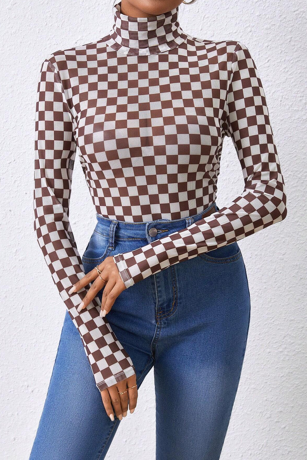 Brown Checkered High Neck Bodysuit