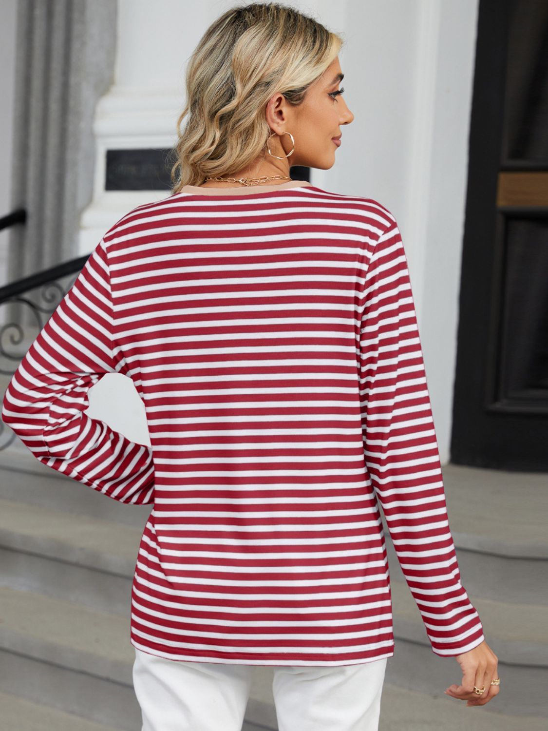 Striped Notched Long Sleeve T-Shirt - JassyBae