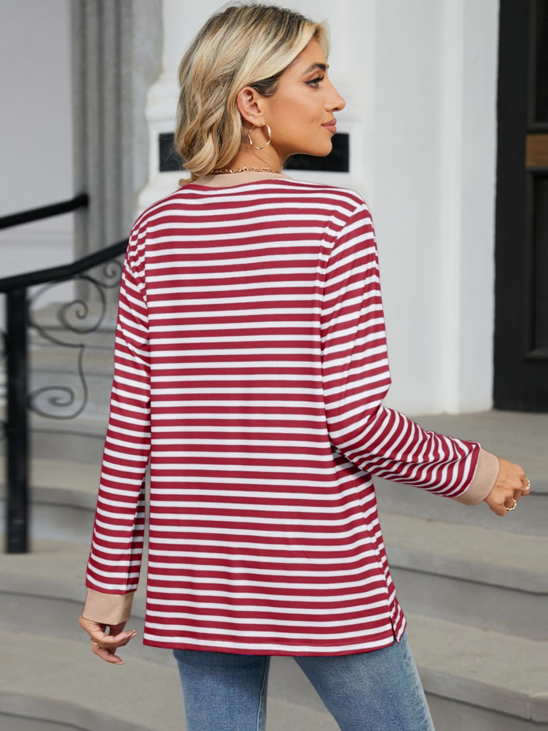 Pocketed Striped Round Neck Long Sleeve T-Shirt - JassyBae