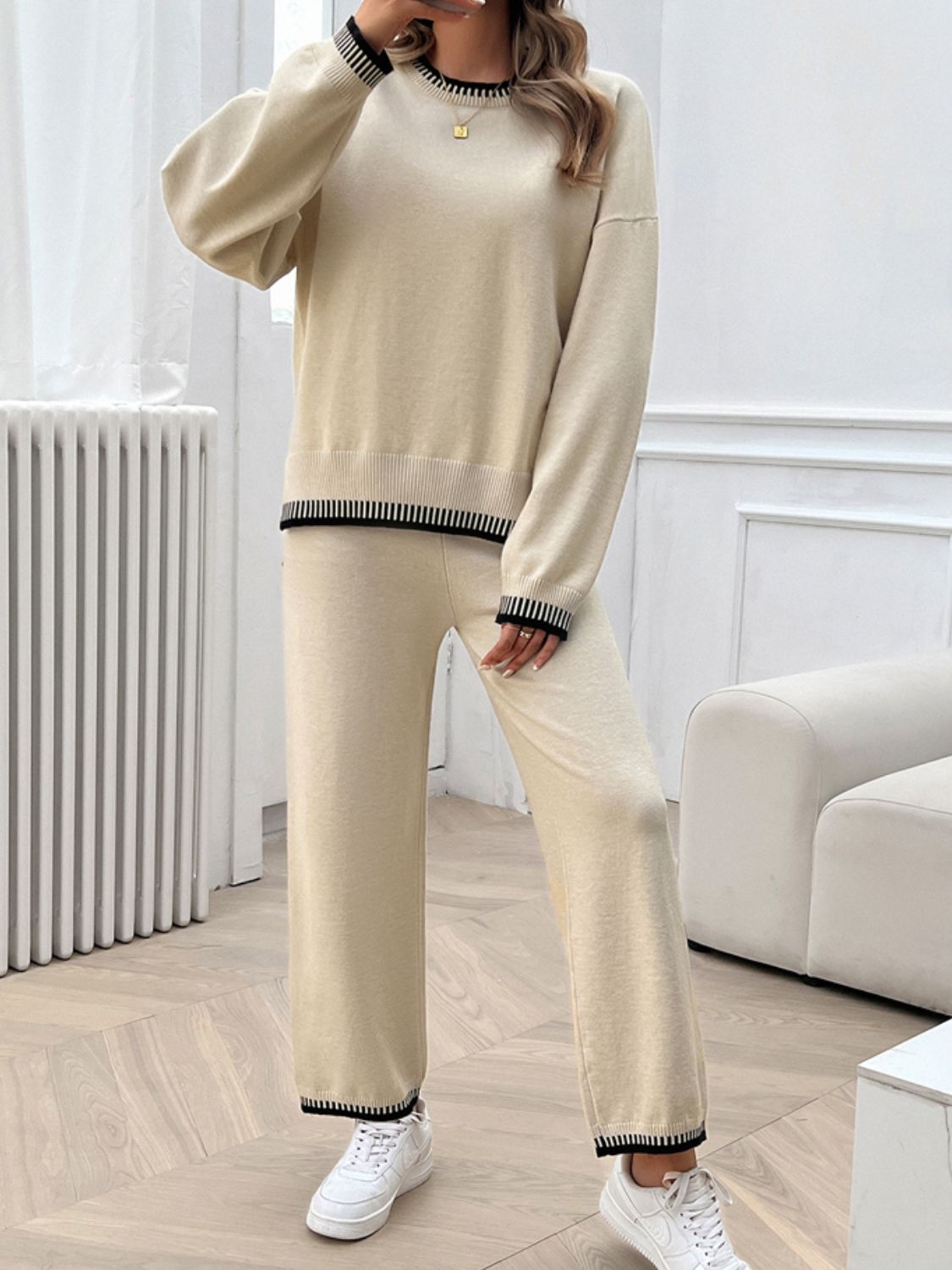 Round Neck Dropped Shoulder Top and Pants Sweater Set - JassyBae