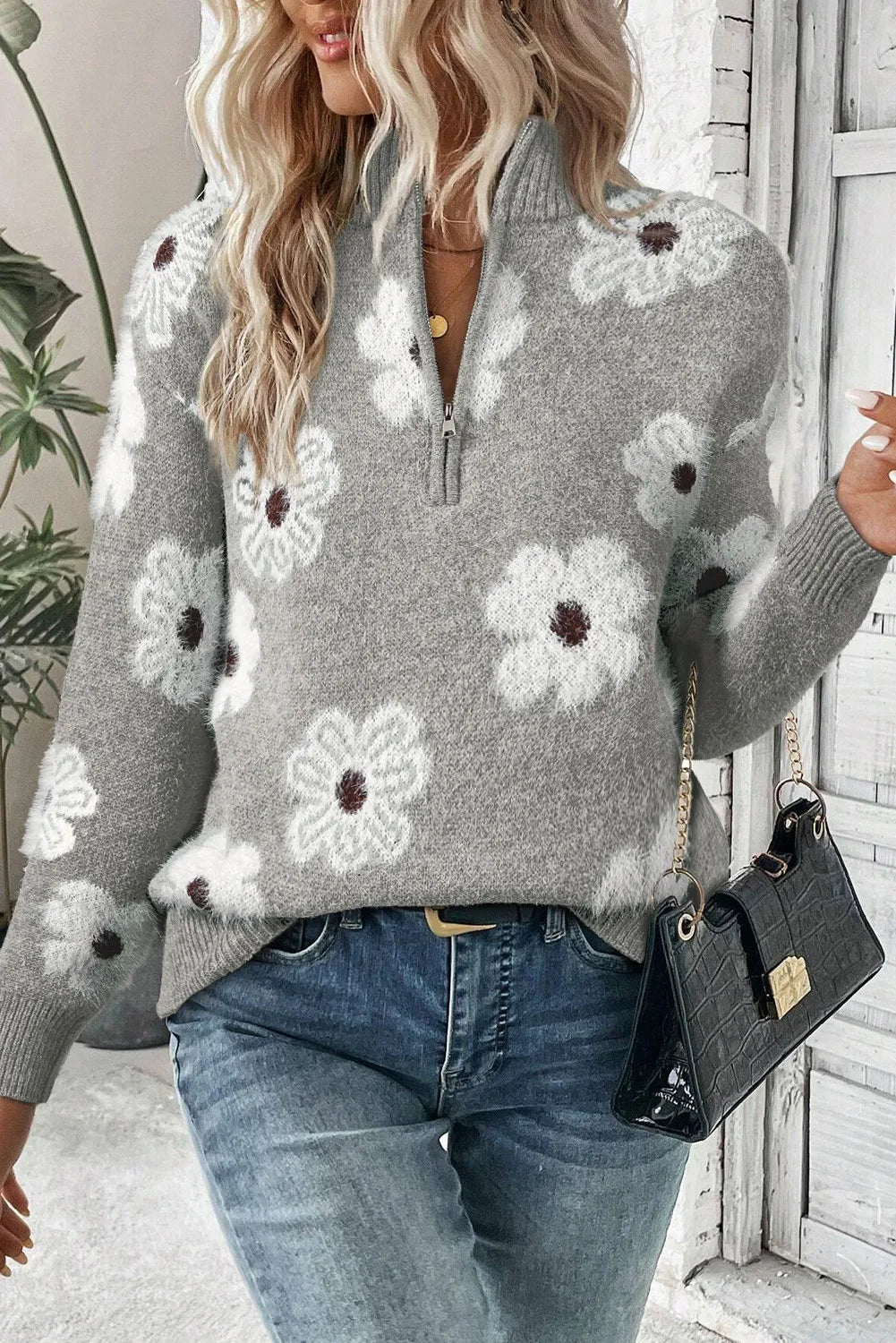 Flower Half Zip Long Sleeve Sweater