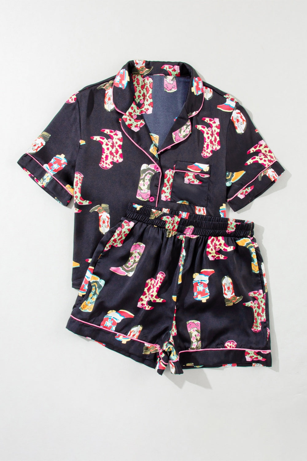 Printed Button Up Short Sleeve Top and Shorts Lounge Set - JassyBae