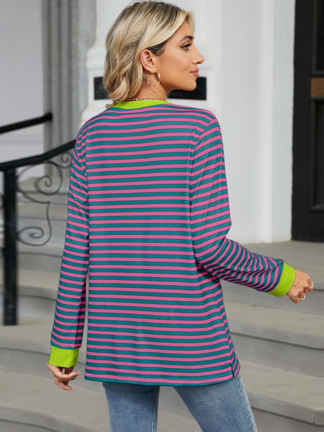 Pocketed Striped Round Neck Long Sleeve T-Shirt - JassyBae