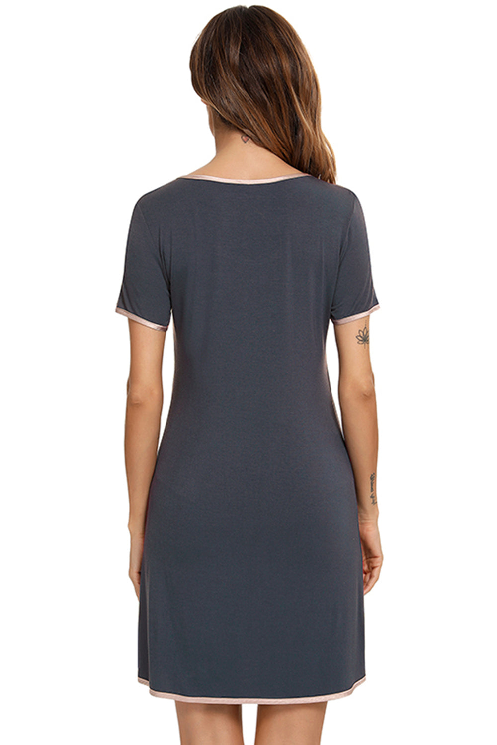 Contrast Trim Pocketed Round Neck Lounge Dress - JassyBae