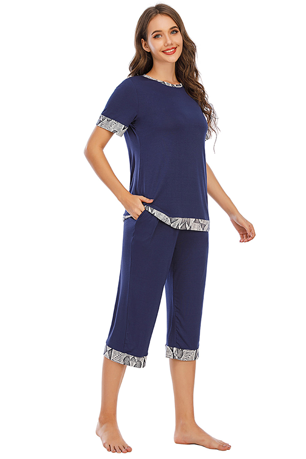 Round Neck Short Sleeve Top and Capris Pants Lounge Set - JassyBae