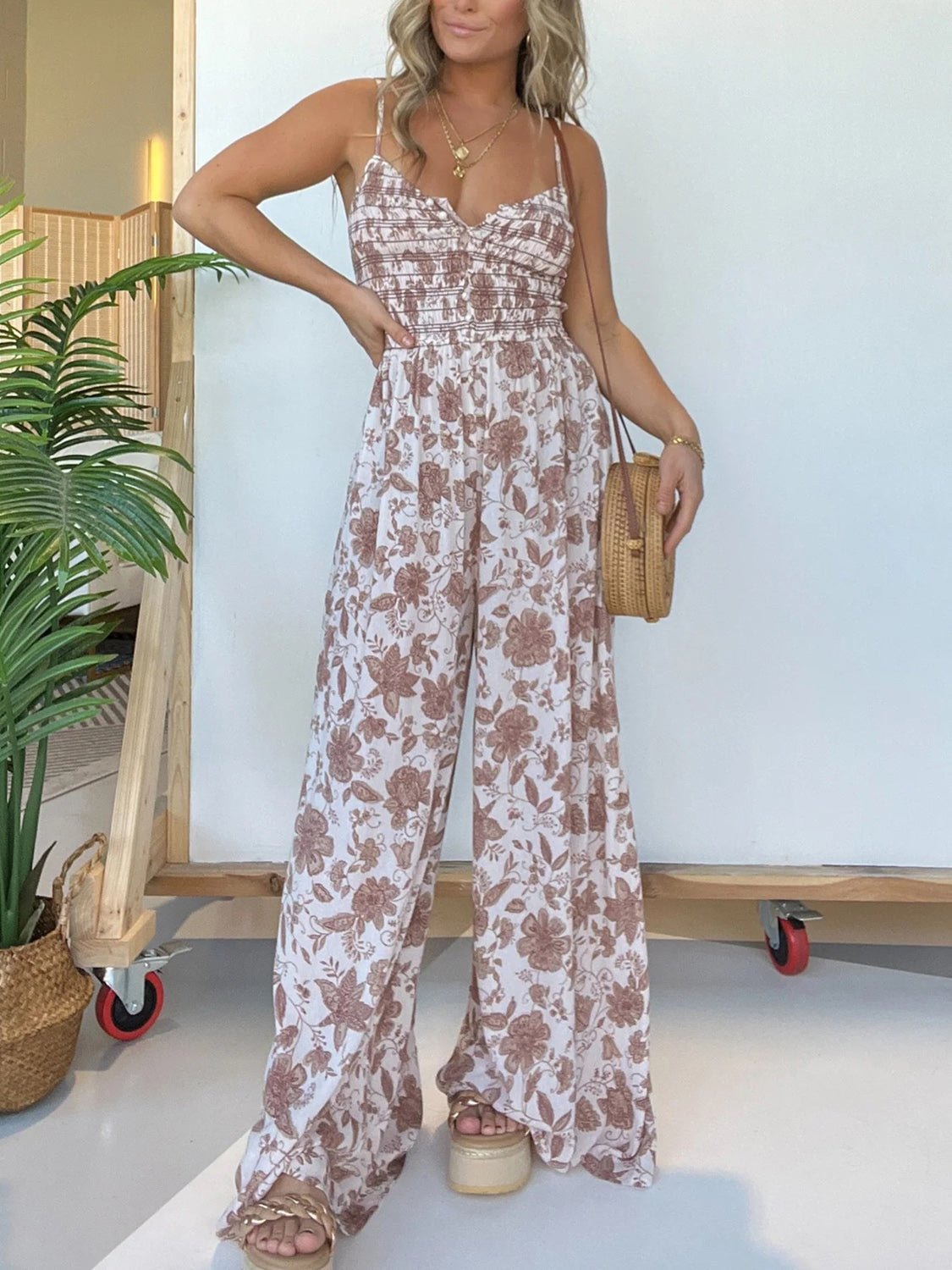 Full Size Printed Spaghetti Strap Wide Leg Jumpsuit - JassyBae