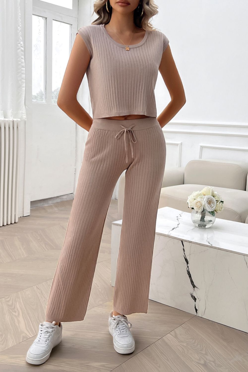 Ribbed Round Neck Top and Pants Set - JassyBae