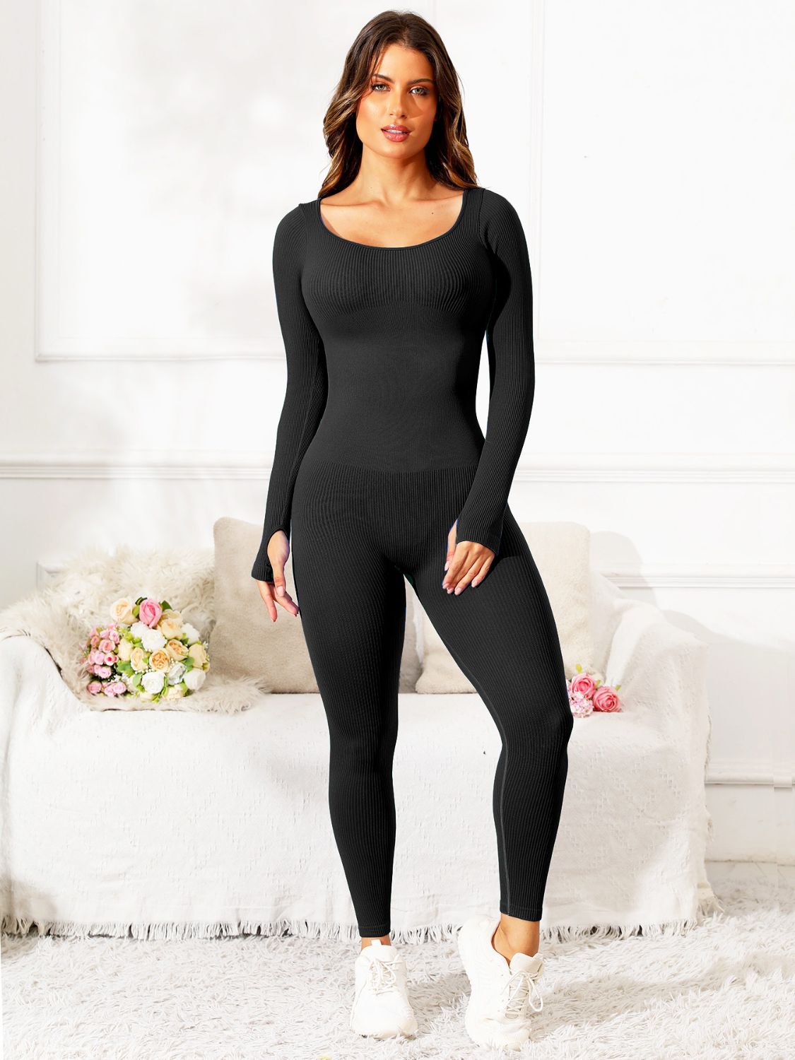 Scoop Neck Long Sleeve Active Jumpsuit - JassyBae