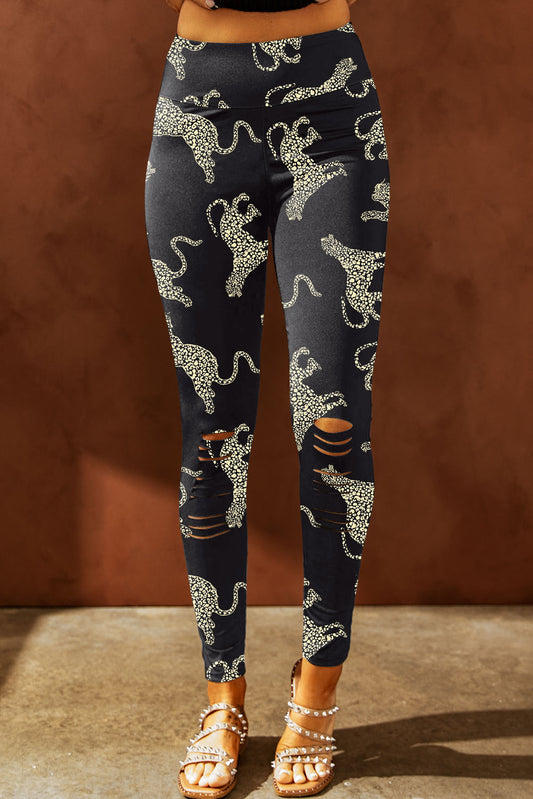 Animal Printed Distressed High Waist Leggings - JassyBae