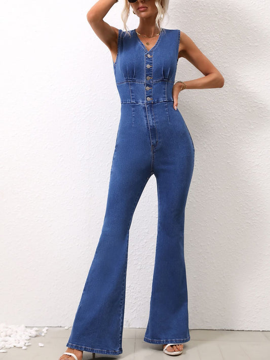 V-Neck Sleeveless Denim Jumpsuit - JassyBae