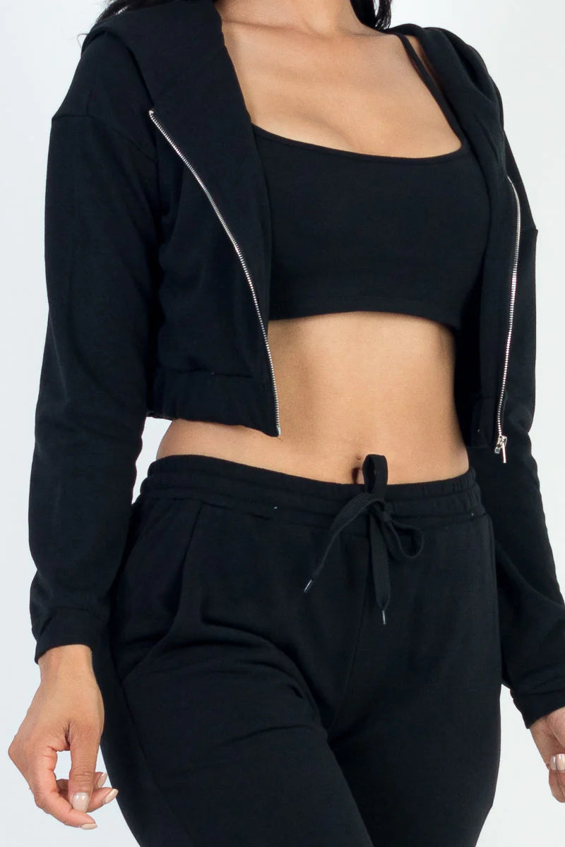 Cozy Chic French Terry Lounge Set: Zip-Up Jacket, Cropped Cami, and Joggers