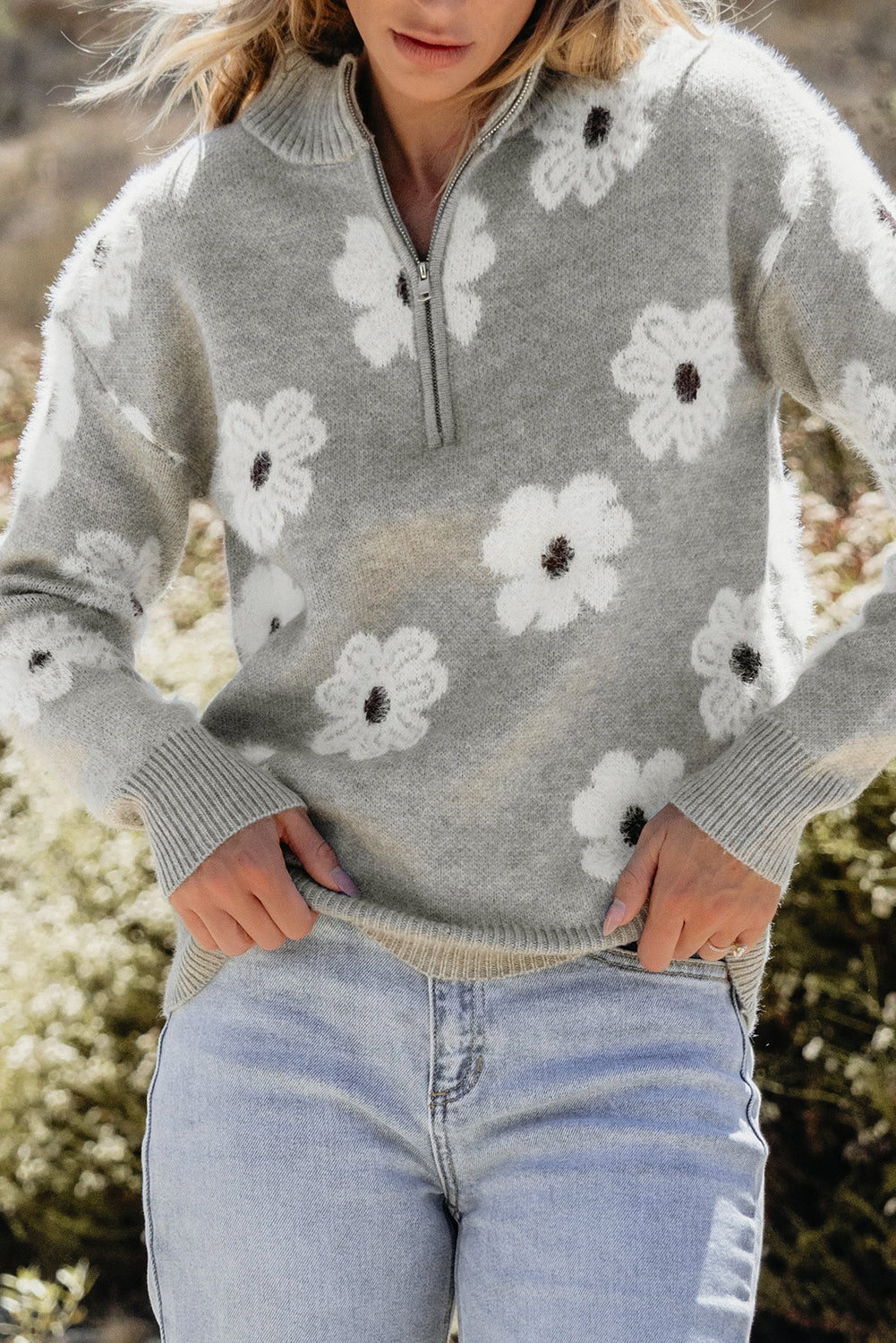 Gray Floral Sweater