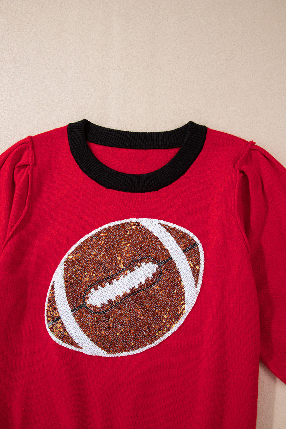 Red Sequin Puff Short Sleeve Sweater