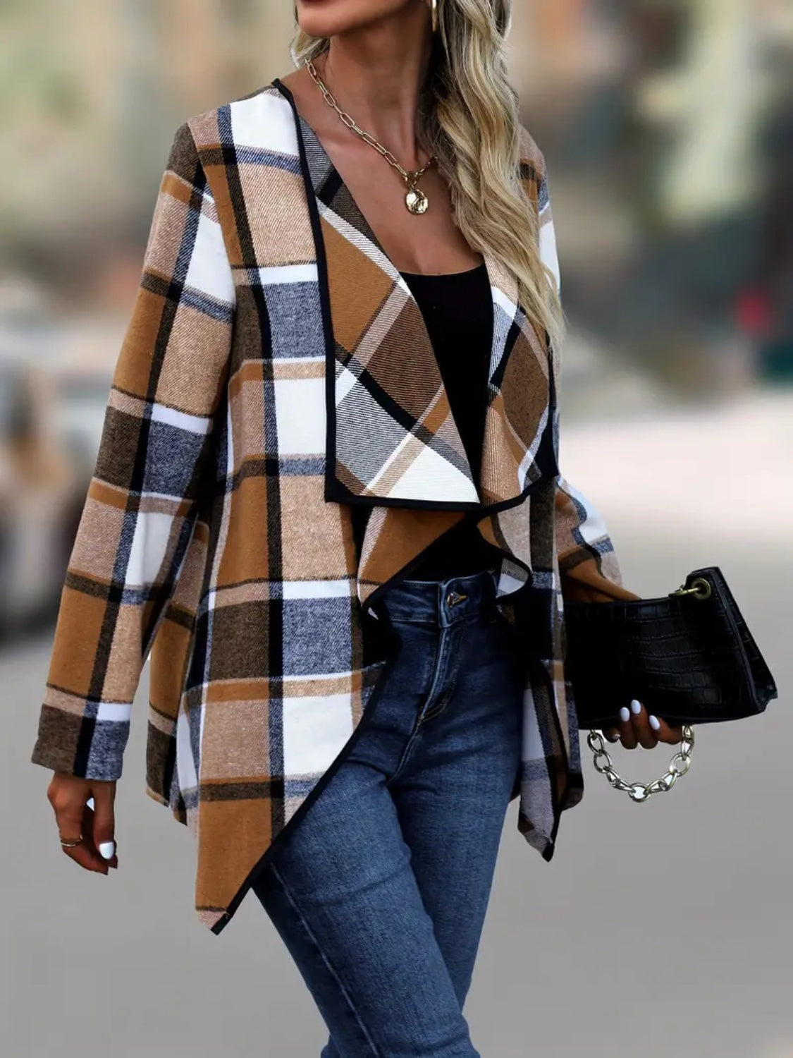 Plaid Open Front Long Sleeve Jacket