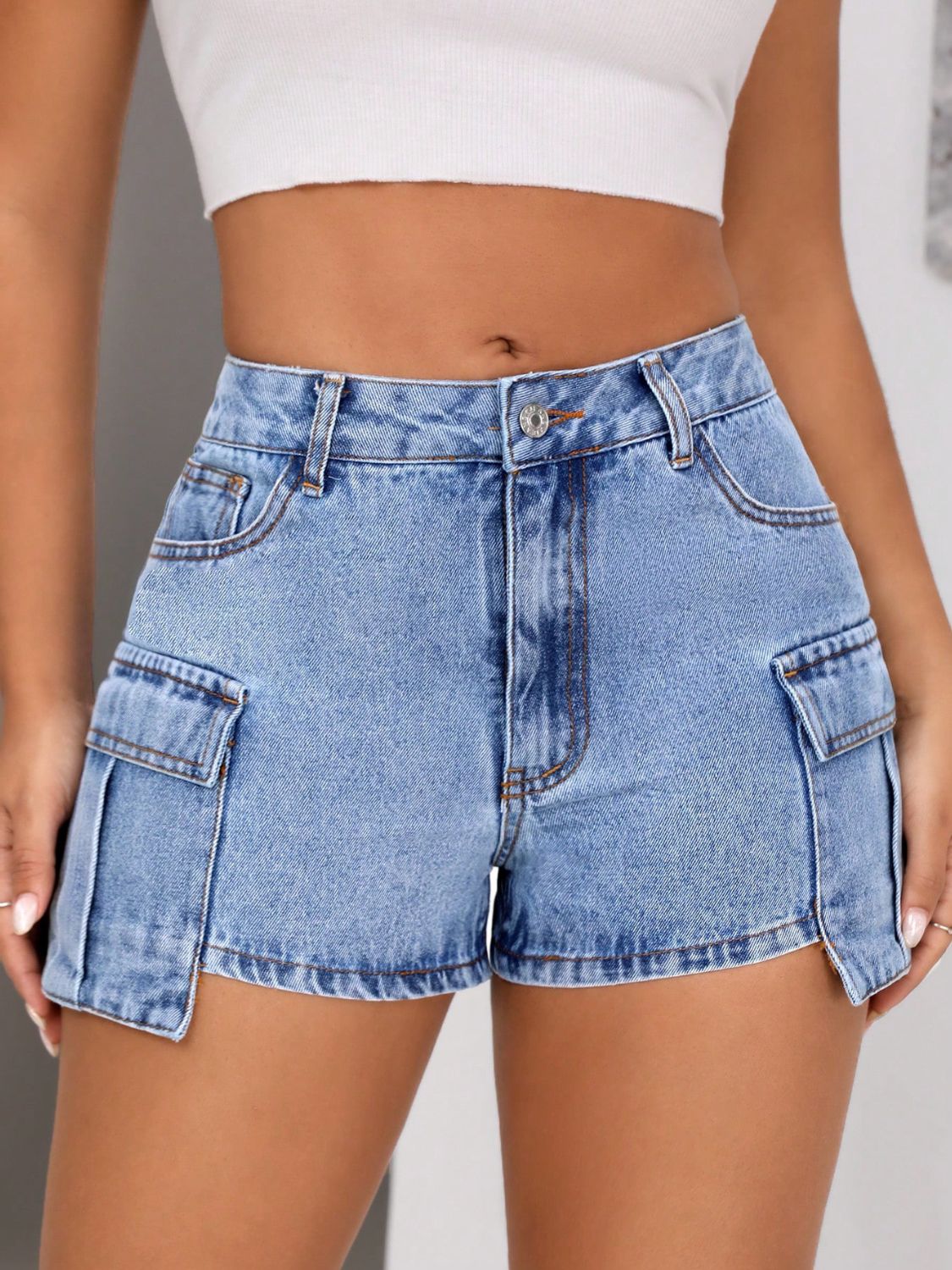 Mid-Rise Waist Denim Shorts with Pockets - JassyBae