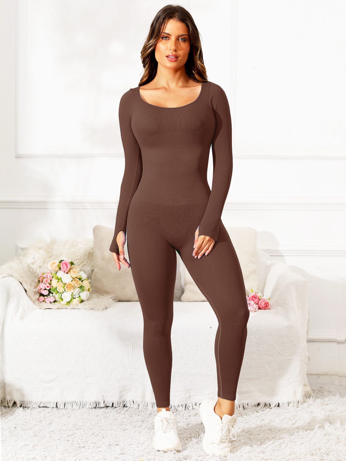 Scoop Neck Long Sleeve Active Jumpsuit - JassyBae