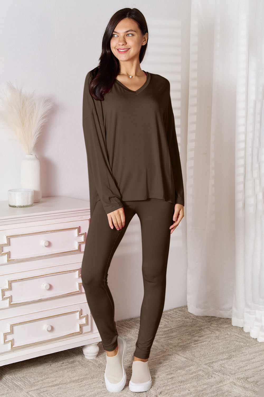 Basic Bae Bamboo Full Size V-Neck Long Sleeve Top and Pants Lounge Set - JassyBae