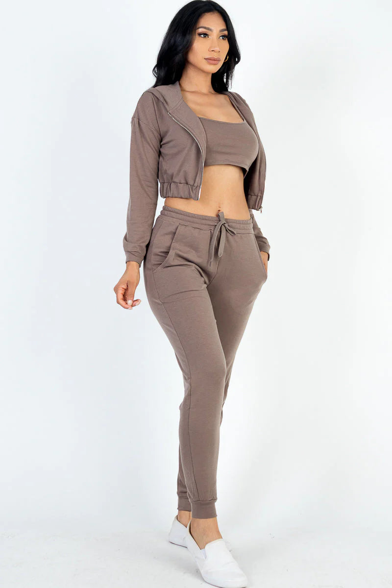 Cozy Chic French Terry Lounge Set: Zip-Up Jacket, Cropped Cami, and Joggers