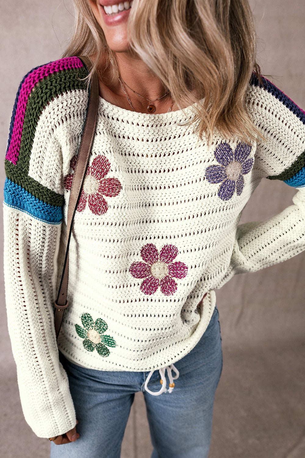 Flower Round Neck Long Sleeve Sweater - JassyBae