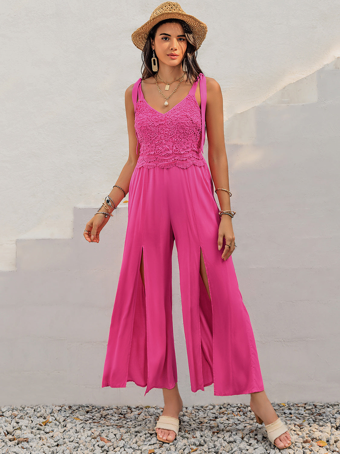 V-Neck Wide Strap Slit Jumpsuit - JassyBae