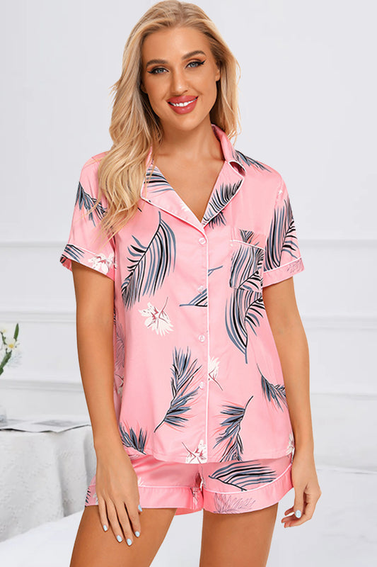 Printed Button Up Short Sleeve Top and Shorts Lounge Set - JassyBae