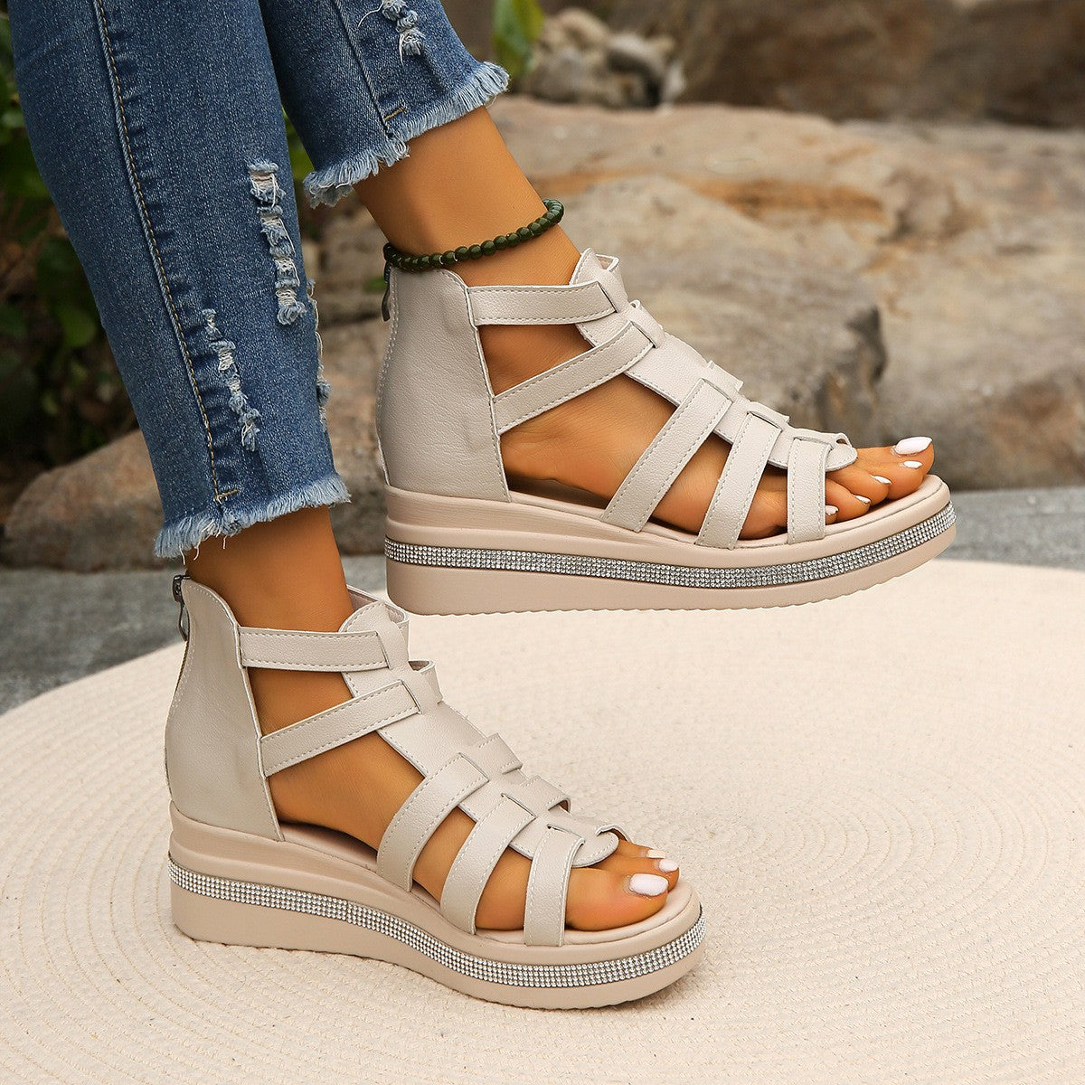 Cutout Rhinestone Trim Wedge Sandals - JassyBae