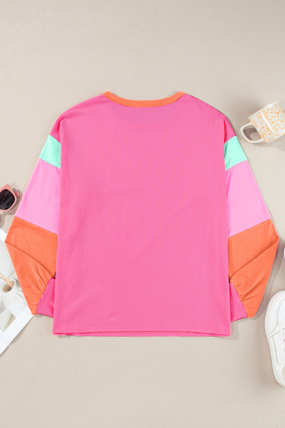 Color Block Round Neck Long Sleeve Top - JassyBae