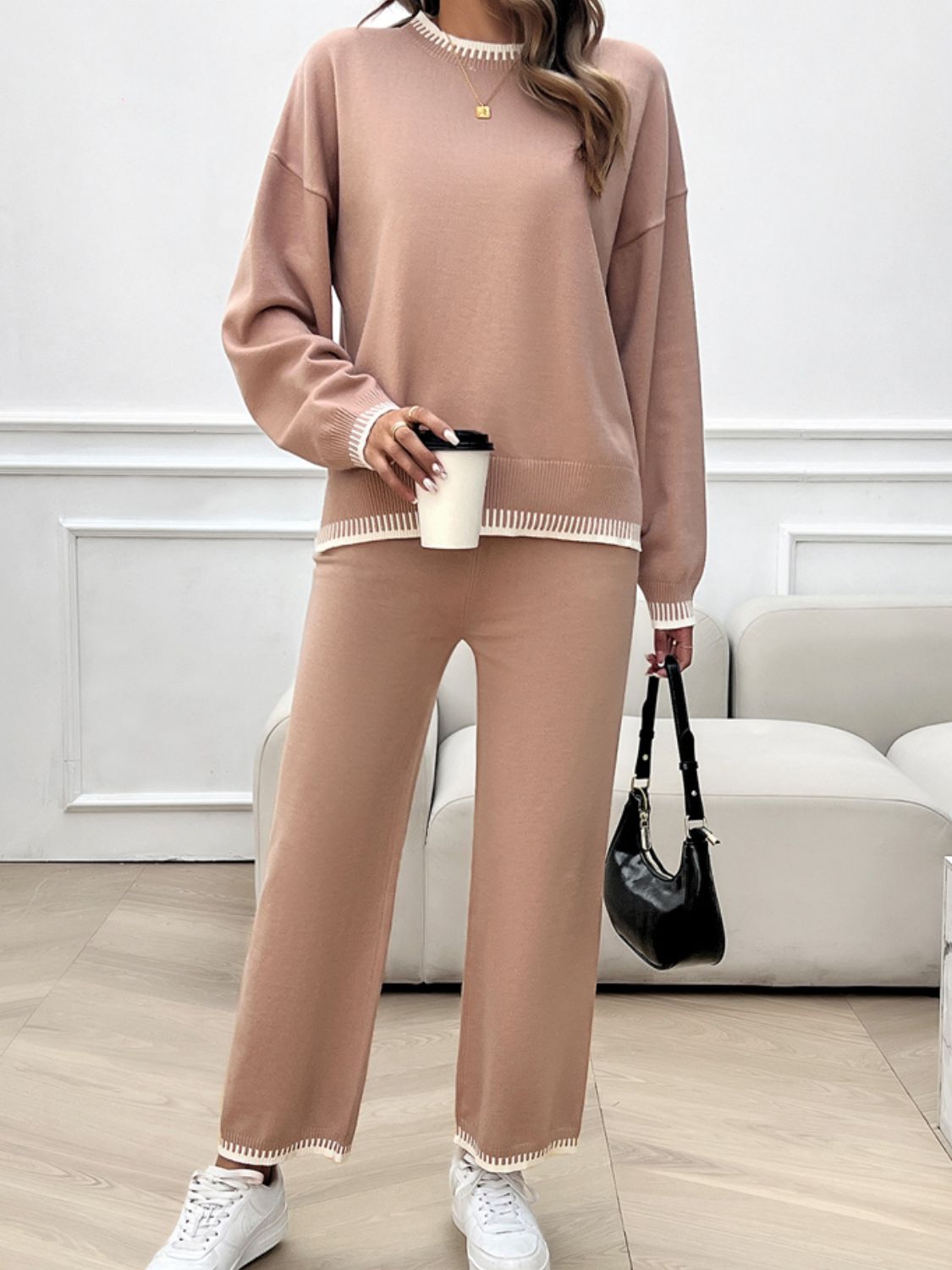 Round Neck Dropped Shoulder Top and Pants Sweater Set - JassyBae