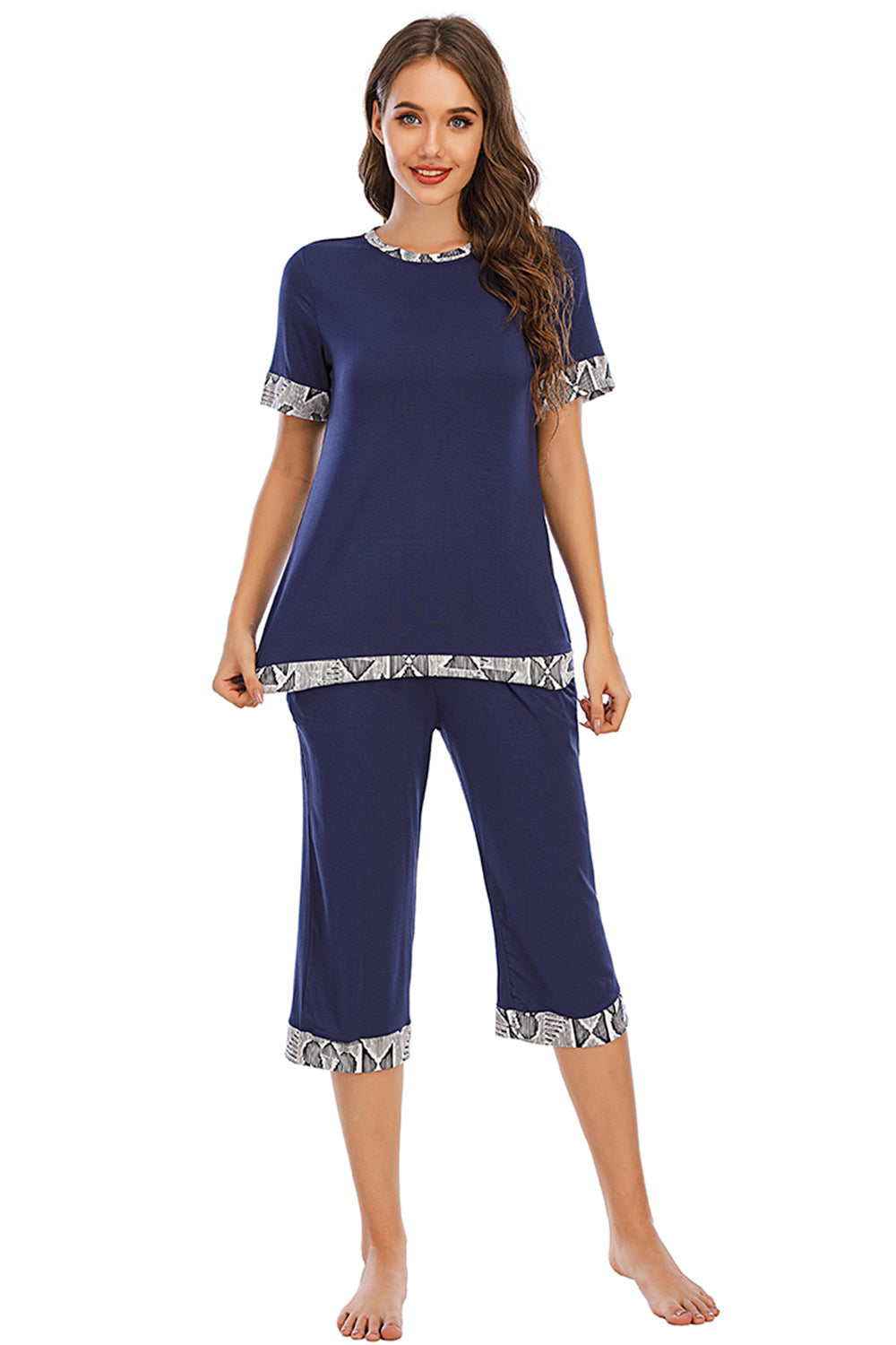 Round Neck Short Sleeve Top and Capris Pants Lounge Set - JassyBae