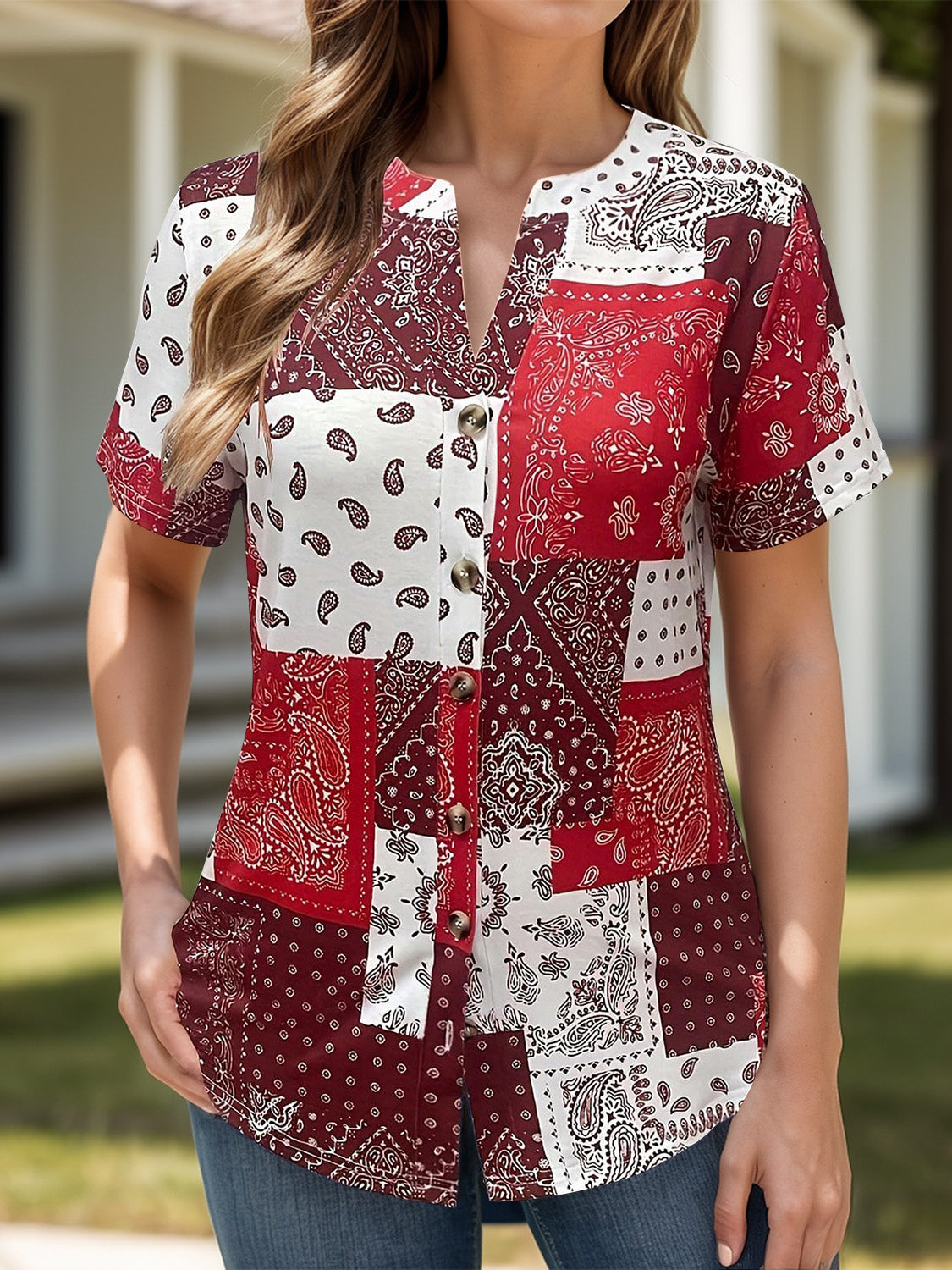 Printed Notched Short Sleeve Blouse - JassyBae