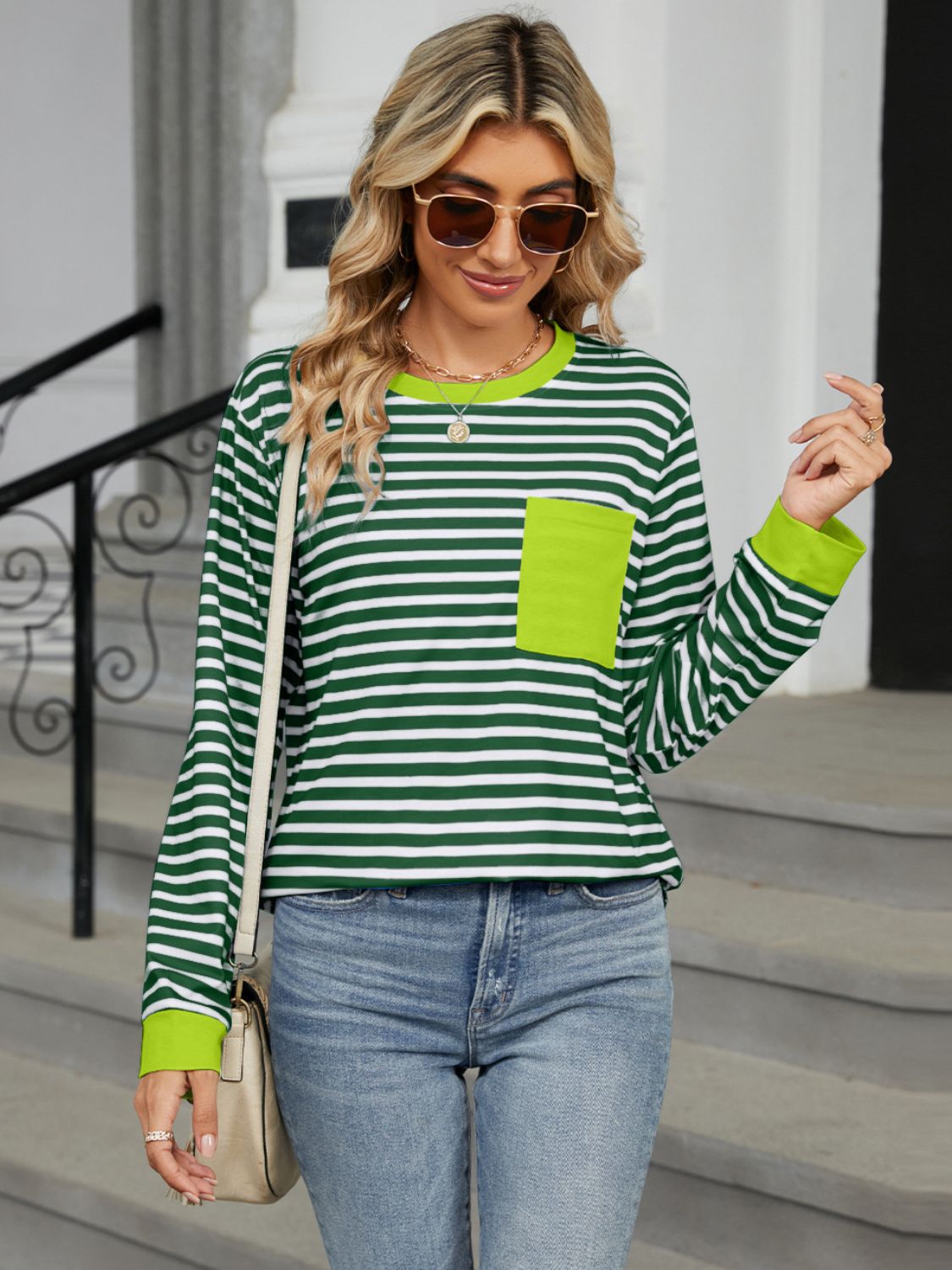 Pocketed Striped Round Neck Long Sleeve T-Shirt - JassyBae