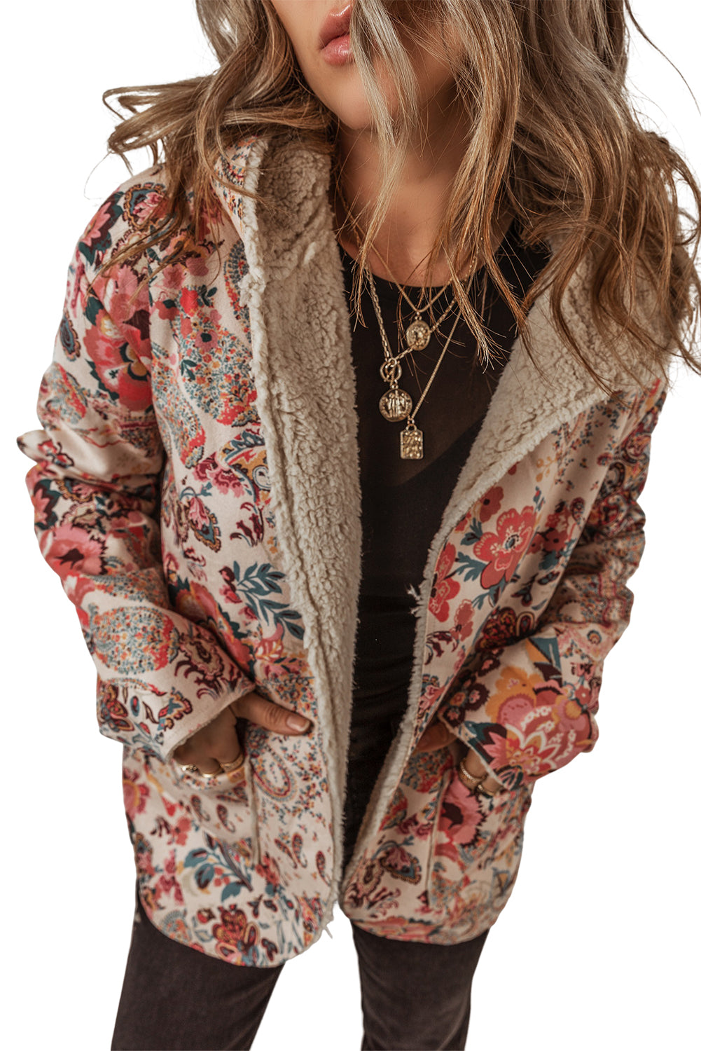 Floral Printed Sherpa Lined Hooded Jacket