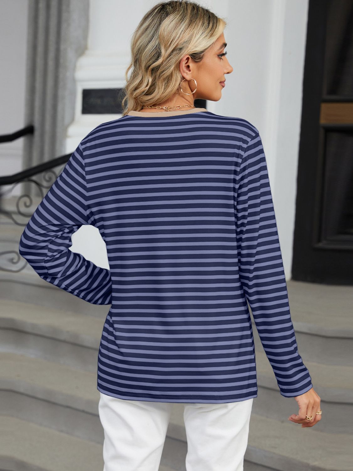 Striped Notched Long Sleeve T-Shirt - JassyBae