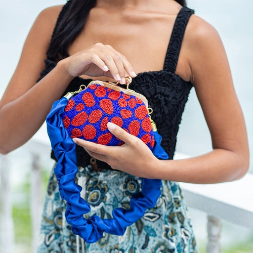 Hand-beaded Clutch, in Savoy Blue & Red