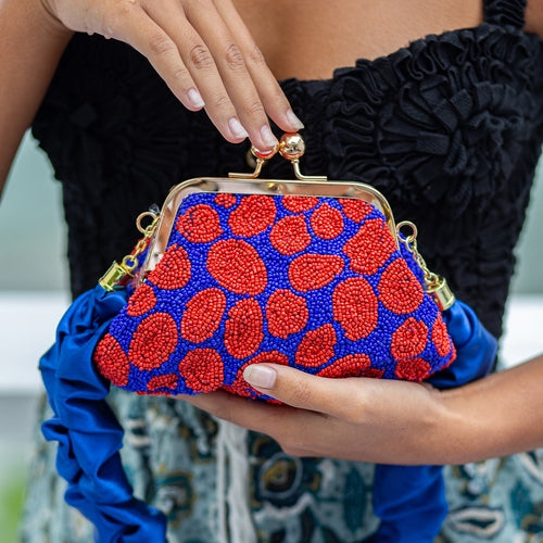 Hand-beaded Clutch, in Savoy Blue & Red