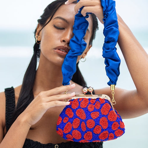 Hand-beaded Clutch, in Savoy Blue & Red