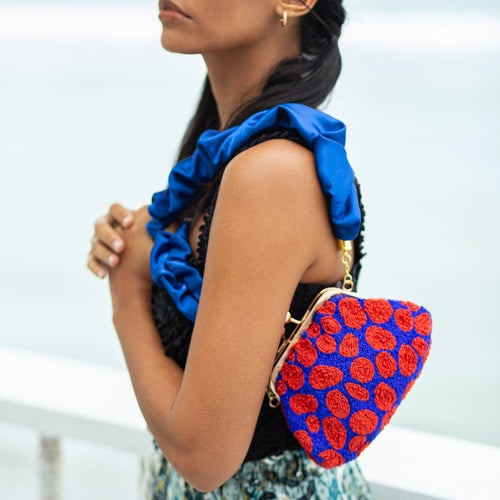 Hand-beaded Clutch, in Savoy Blue & Red