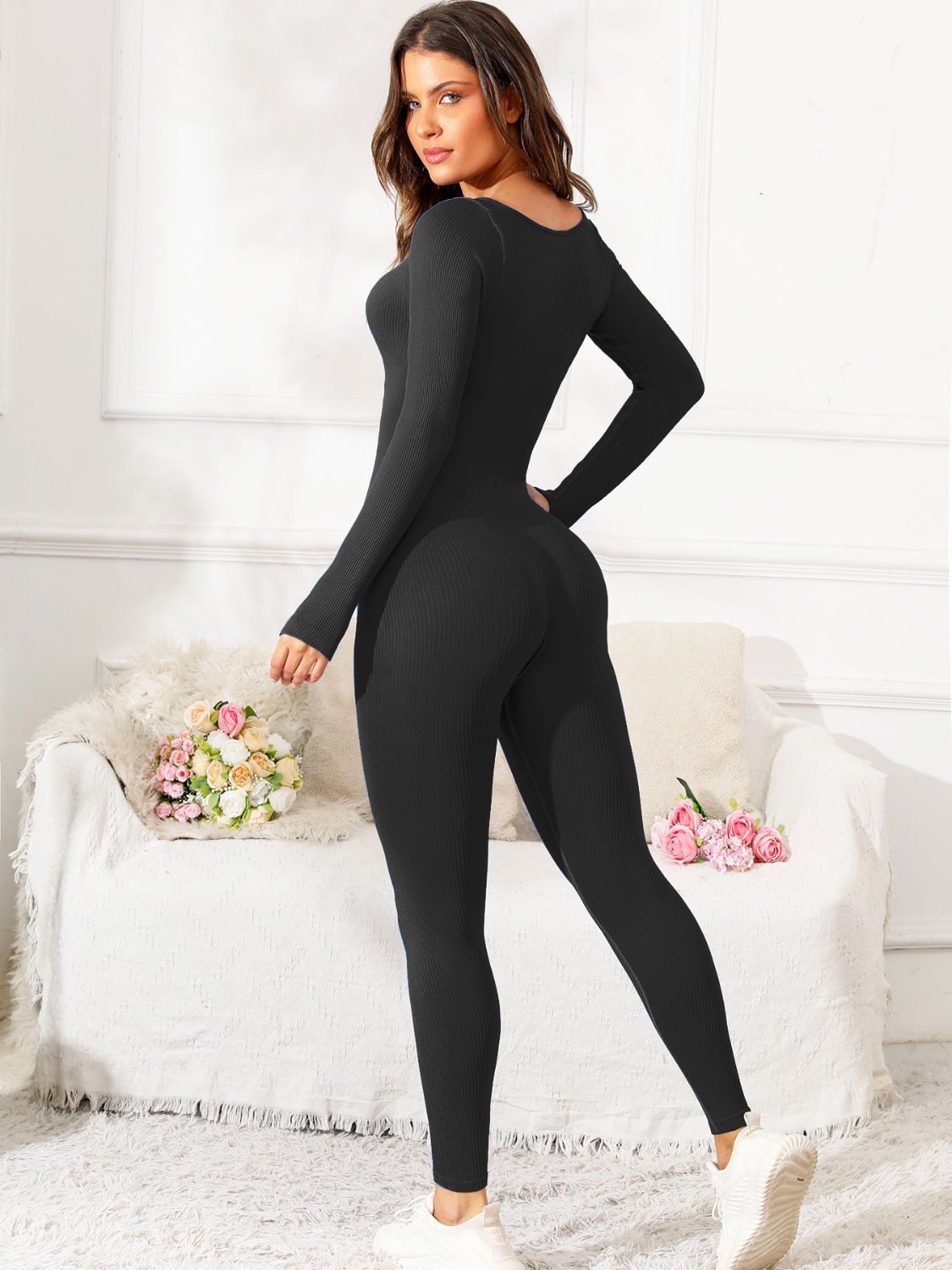 Scoop Neck Long Sleeve Active Jumpsuit - JassyBae