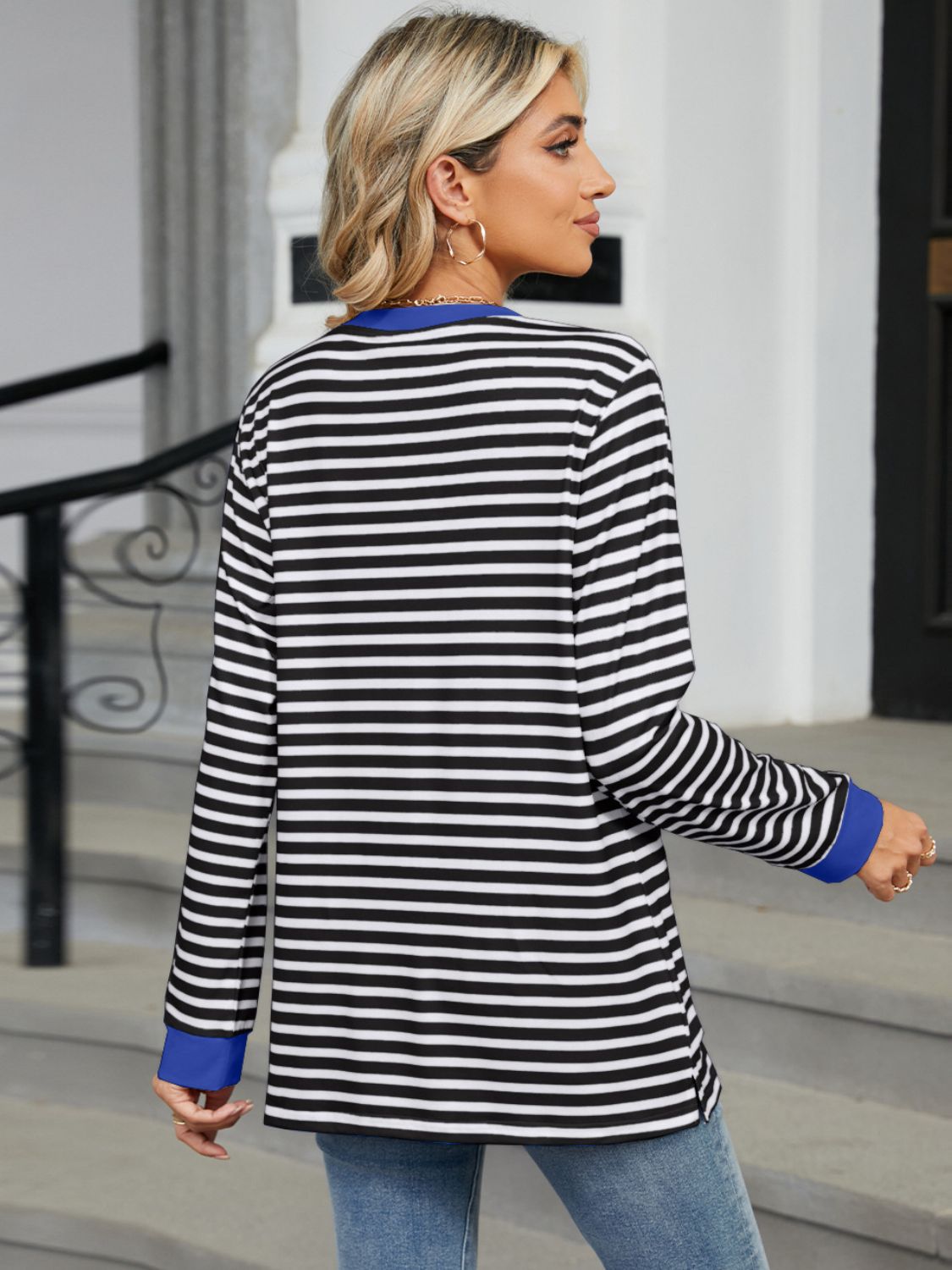 Pocketed Striped Round Neck Long Sleeve T-Shirt - JassyBae