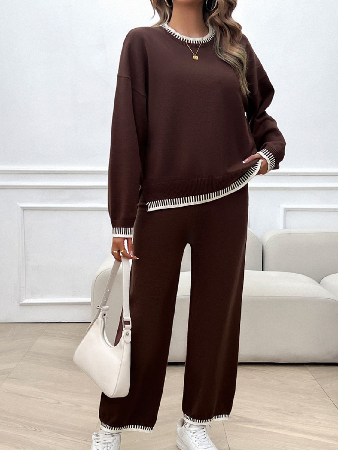 Round Neck Dropped Shoulder Top and Pants Sweater Set - JassyBae