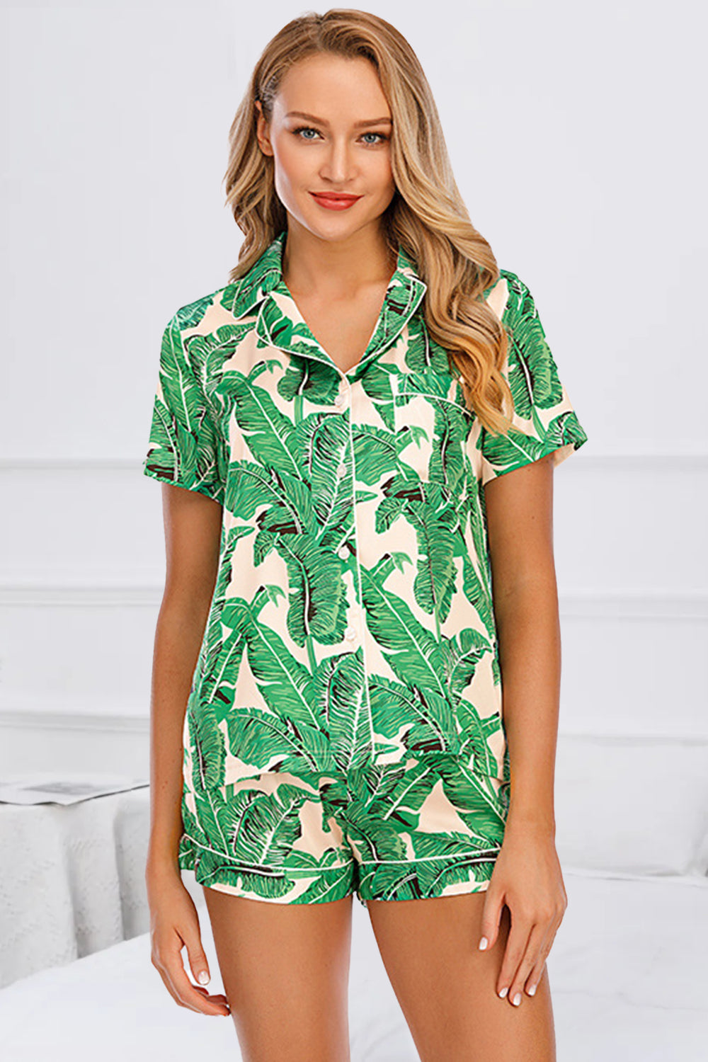 Printed Button Up Short Sleeve Top and Shorts Lounge Set - JassyBae