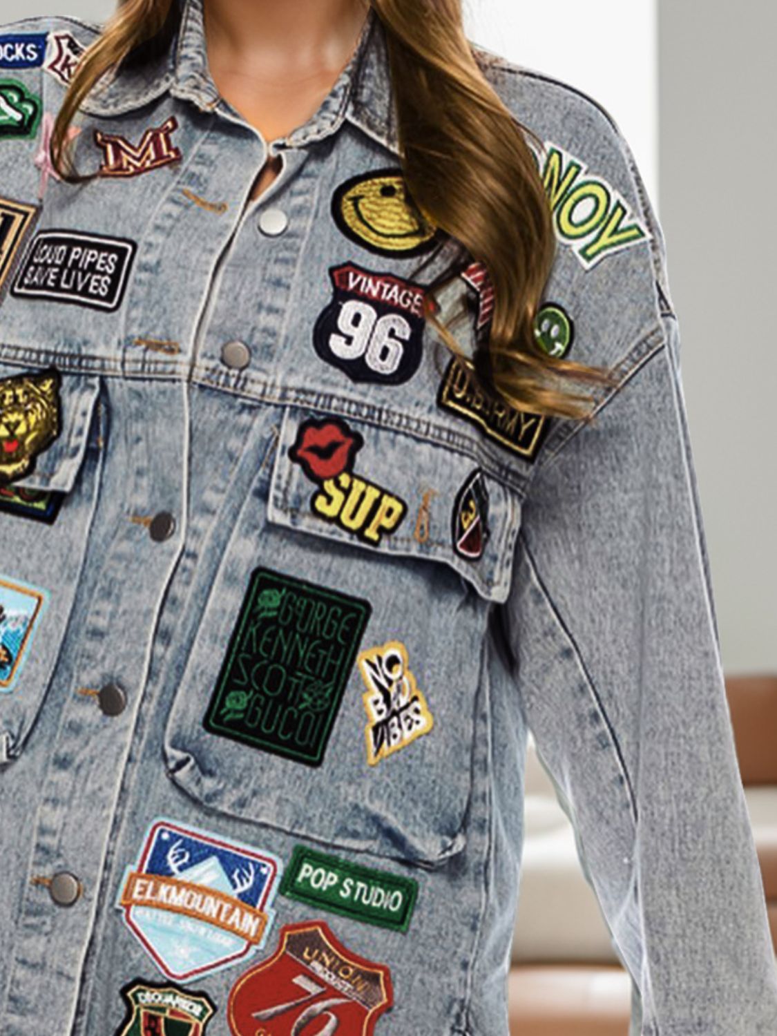 Embroidered Patch Button Up Long Sleeve Denim Jacket