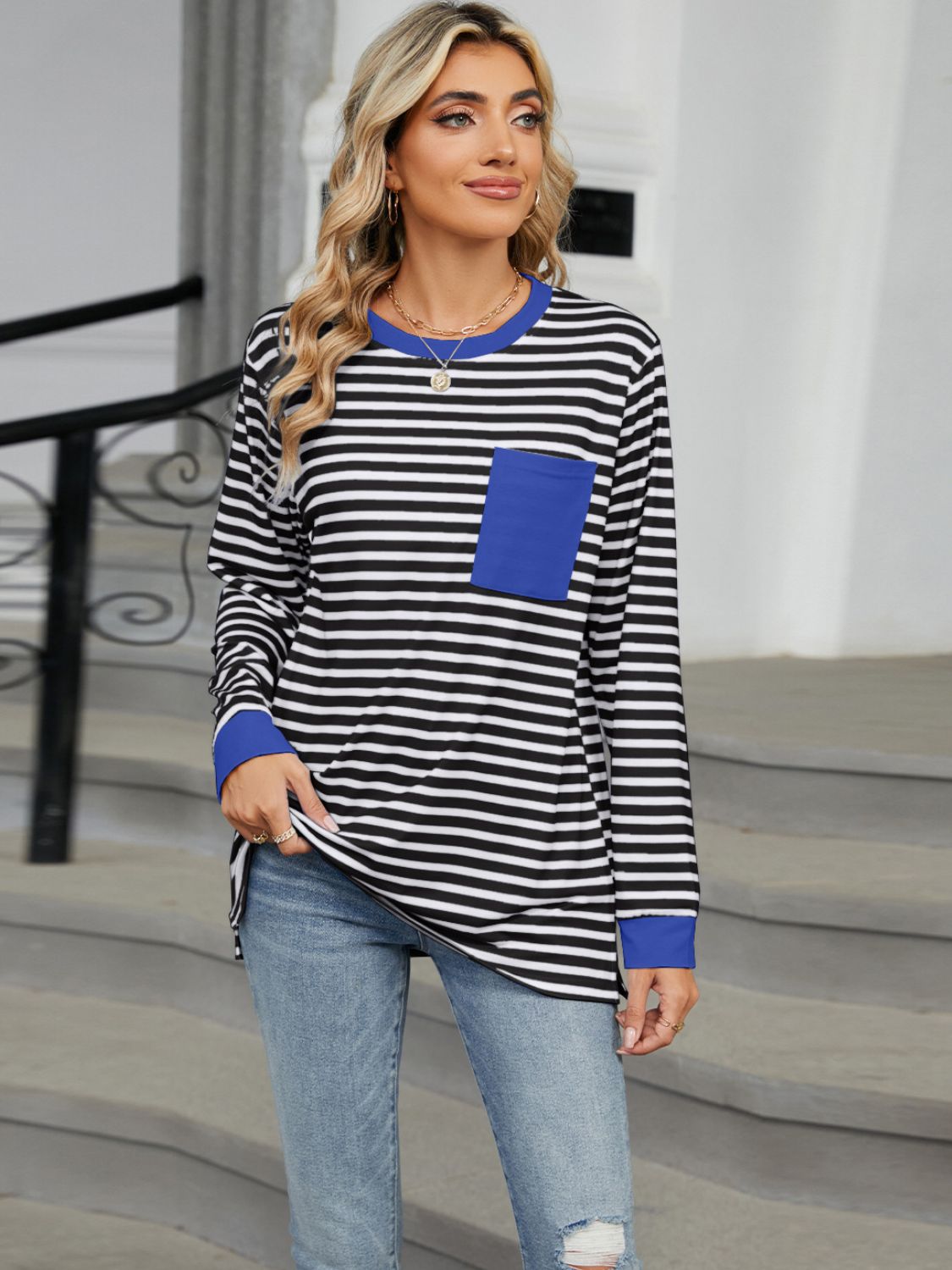 Pocketed Striped Round Neck Long Sleeve T-Shirt - JassyBae