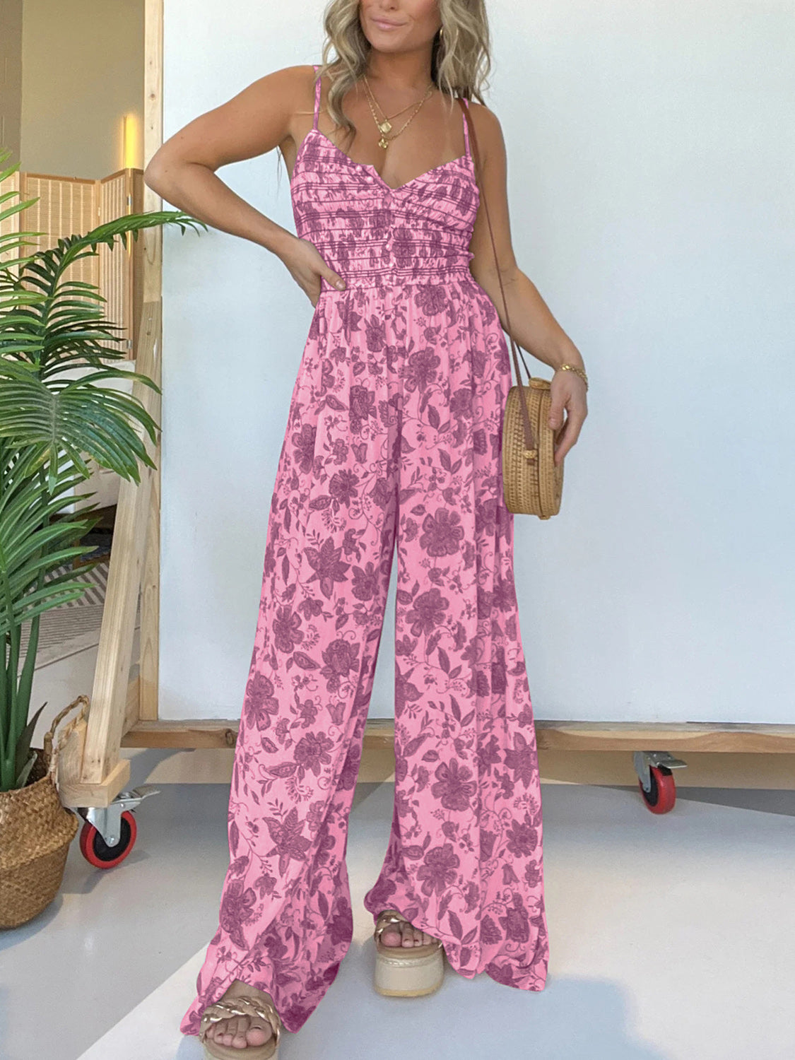 Full Size Printed Spaghetti Strap Wide Leg Jumpsuit - JassyBae